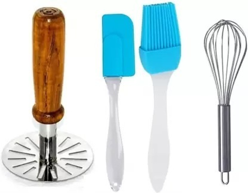 Aric Silicone Spatula Brush Set With Egg Whisk Steel Handle Potato Masher Stainless Steel Masher(Pack of 4)