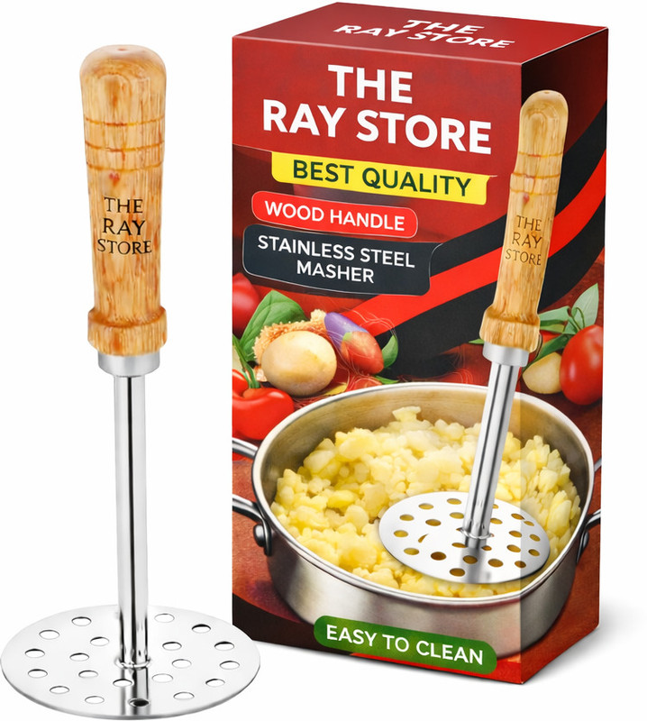 THE RAY STORE Potato Masher Wooden Handle Round – Vegetable, Pav Bhaji & Baby Food | Kitchen Stainless Steel Masher(Pack of 1)