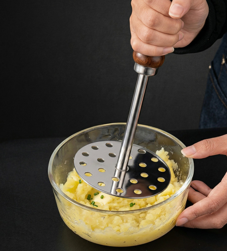 TINUMS Potato Masher with Wooden Handle | Heavy Duty Kitchen Vegetable & Fruit Masher Steel Masher(Pack of 1)
