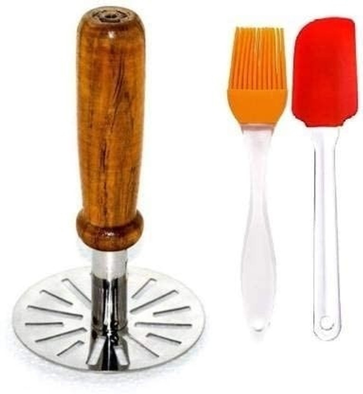 LMR3 Silicone Spatula Brush Set and Wooden Handle Potato Masher Stainless Steel Masher