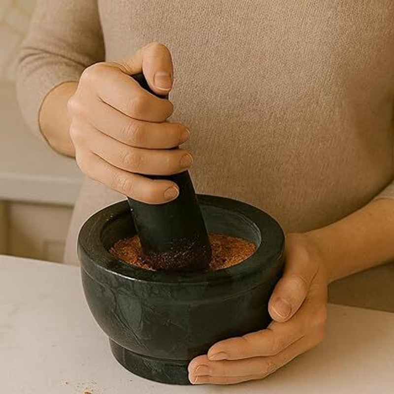 MM Handicraft Green Marble Okhli Herbal Crusher Mortar and Pestle Set Musal Imam Dasta 5 Inch Marble Masher(Pack of 1)