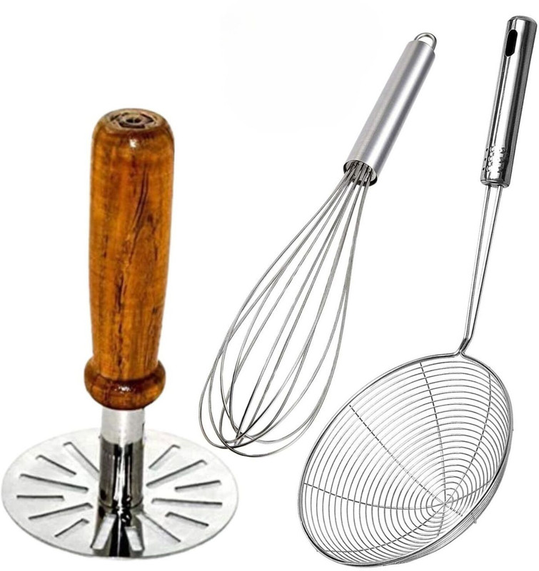 StreeYug 3 Pc Kitchen Combo –Strainer, Blender Whisk & Wooden Handle Masher Stainless Steel Masher(Pack of 3)