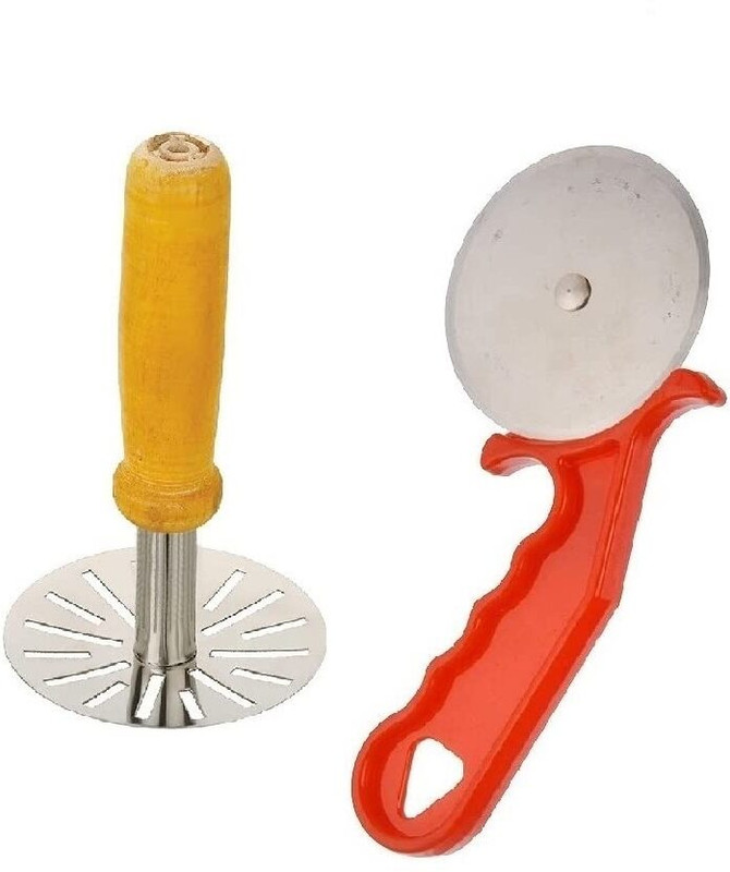 AFFODYL Wooden Potato Masher with Steel Handle Pizza Cutter Stainless Steel Masher