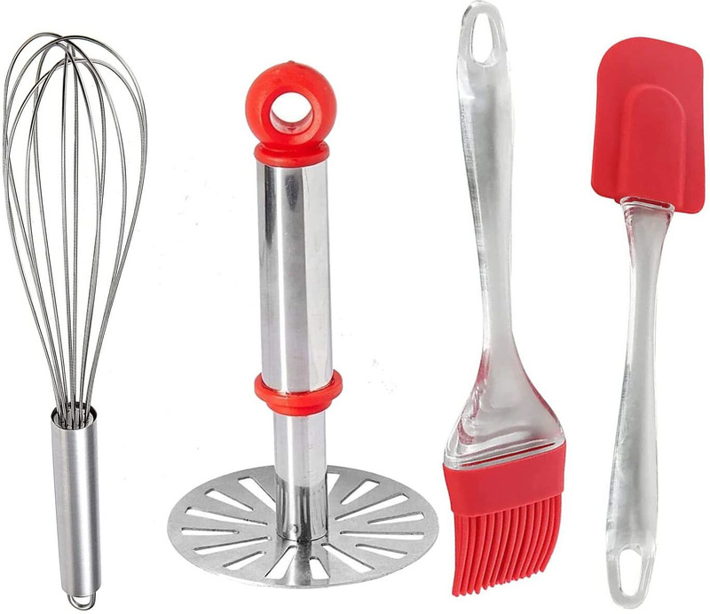 LMR3 Silicone Spatula Brush Set With Egg Whisk Steel Handle Potato Masher Stainless Steel Masher