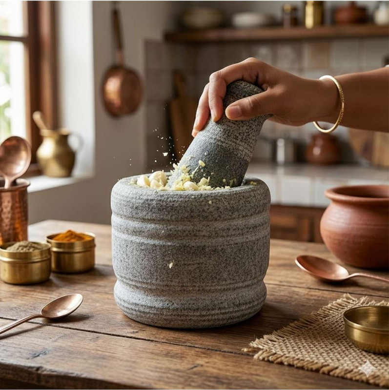 KARIKALAN 3 inch Mortar pestle Cooking, Grinding Stone for Spices, Okhli Masher, Mixer Stoneware Masher