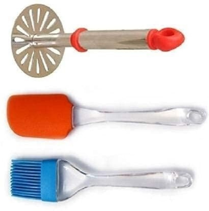 CRYZONE Silicone Spatula Brush Set Steel Handle Potato Masher Stainless Steel Masher