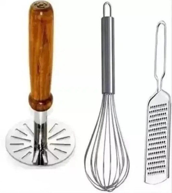 CRYZONE kitchen wooden vegetable masher, whisk (egg beater), cheese grater Stainless Steel Masher(Pack of 3)