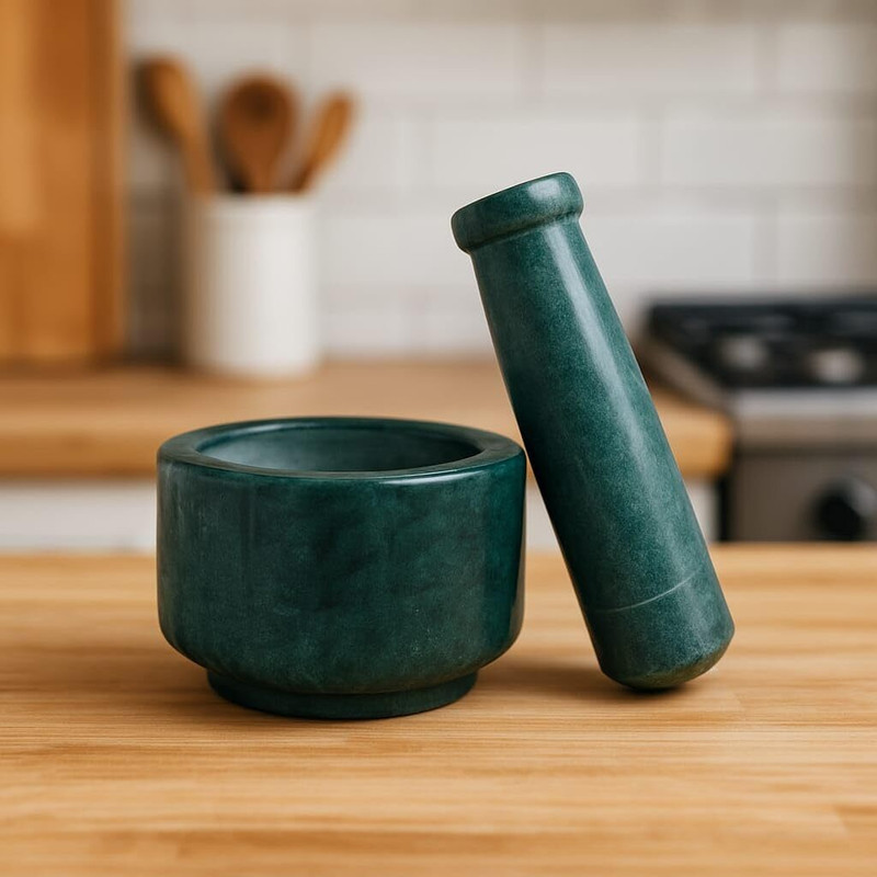 Ridhi Sidhi Marble and Pestle Set | Green Natural Stone Khalbatta | 4 Inch Bowl Marble Masher(Pack of 1)
