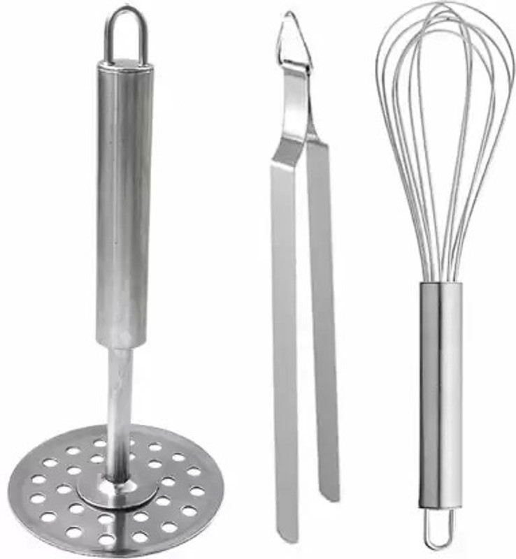 LMR3 Potato Masher Whisk Stainless Steel Roti Chimta & Egg Whisk Stainless Steel Masher(Pack of 3)