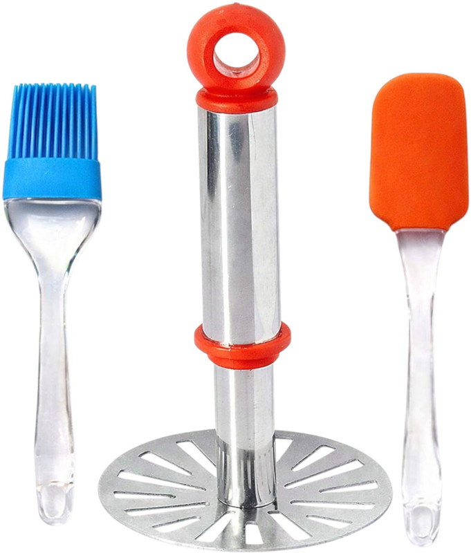 frogtail 3 Pcs Tool Set | Silicone Spatula & Oil Brush, Stainless Steel Masher(Pack of 3)