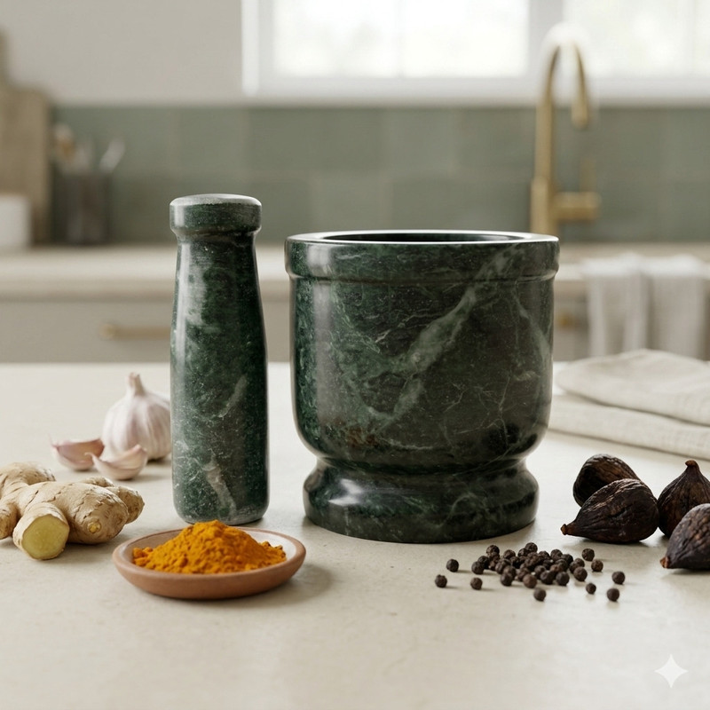 MAJESTIC MARBLE ARTS Green Marble Pestle 4x4 Khalbatta Okhli Musal Spice Grinder Set Marble Masher(Pack of 2)
