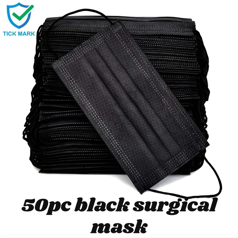tick mark Black Surgical Face Mask | 3 Ply Breathable & Comfortable Mask Disposable Mask for Men & Women – Anti-Dust Protection| Soft & Skin-Friendly Non-Washable, Water Resistant(Black, Free Size, Pack of 50)