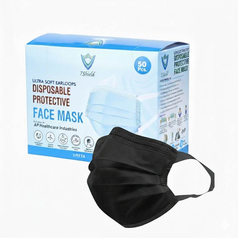 7SHIELD Non-Woven Fabric disposable Surgical 3Ply Unisex mask With Soft fabric ear loop for extra comfort Black soft loop Water Resistant Surgical Mask With Melt Blown Fabric Layer(Black, Free Size, Pack of 50, 3 Ply)