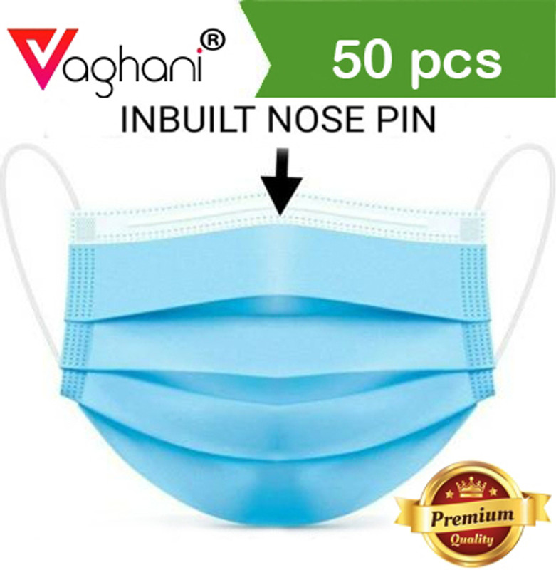 Vaghani 50Pcs Blue Polluation Meltblown Mask With Nose Pin 3 Ply Polluation Mask 50 Pcs ( Blue )( 75 Gsm )( Export Quality)) Surgical Mask With Melt Blown Fabric Layer(Blue, Free Size, Pack of 50, 3 Ply)