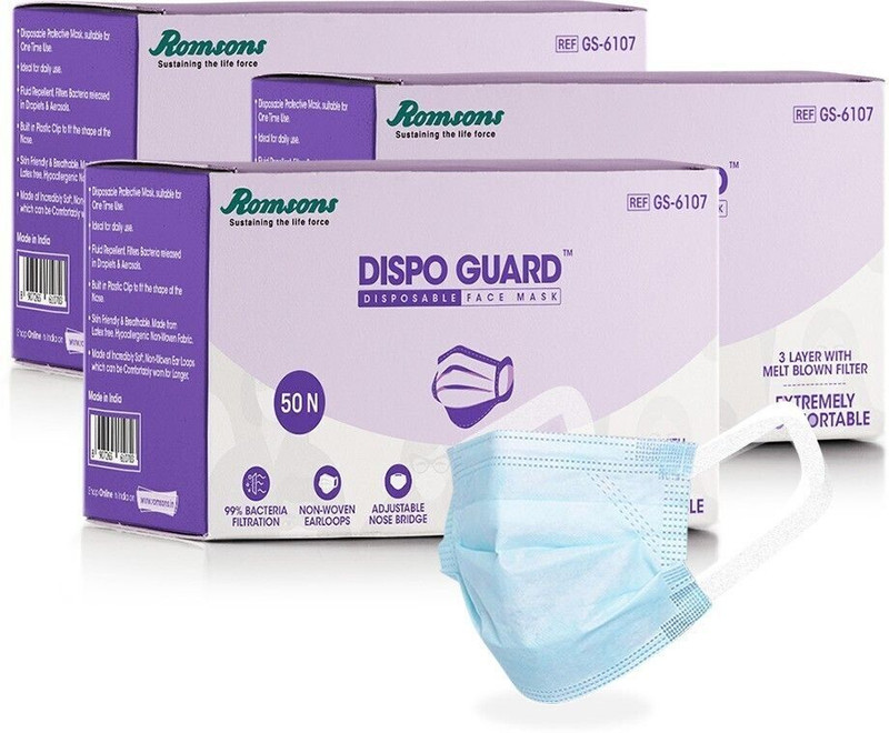 Romsons Dispo Guard 3 Ply Disposable Mask With Softest Non-Woven Fabric (2 Pack) 100 Pcs Surgical Mask With Melt Blown Fabric Layer(Blue, Free Size, Pack of 100, 3 Ply)