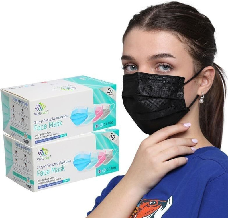 WELLVIAN Adlut Mask Disposable Face Mask Adlut Mask Disposable Face Mask Meltblown Mask Surgical Face Mask Reusable, Washable, Water Resistant, Non-Washable, Non-Reusable Surgical Mask(Black, M, Pack of 2, 3 Ply)