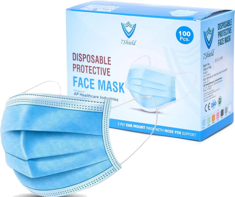 7SHIELD Pharmaceutical CE and ISO Certified 3 Ply Surgical Face Masks with Nose clip and soft ear loops SURGICAL-3PLY 100 pieces Non-Reusable, Water Resistant Surgical Mask With Melt Blown Fabric Layer(Blue, Free Size, Pack of 100, 3 Ply)
