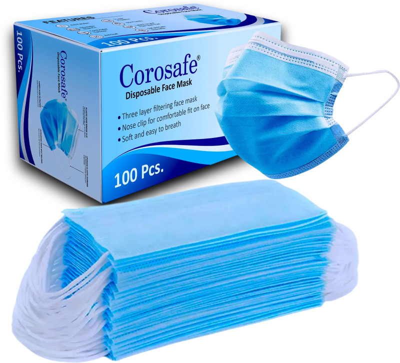 Corosafe Mask with Nose Clip 3 Layer Anti - Pollution Non woven Cloth Mask With Melt Blown Fabric Layer(Blue, Free Size, Pack of 50, 3 Ply)
