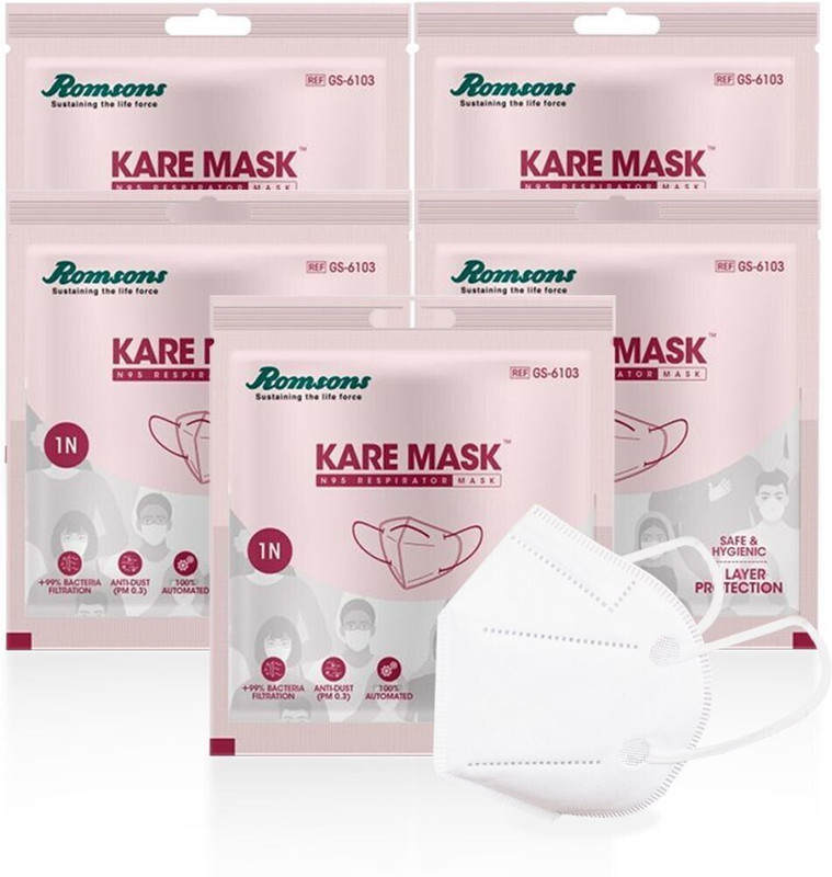 Romsons Kare Mask, N95 Respirators Kare Mask, N95 Respirators, with 6 Layer Protection (5 Pieces)(White, Free Size, Pack of 5)
