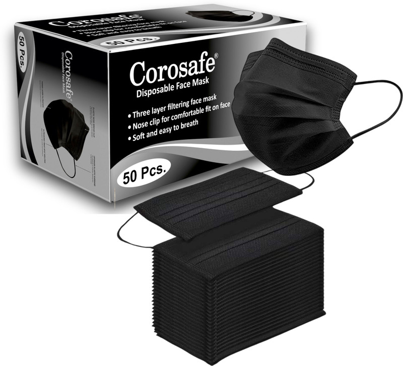 Corosafe Mask With Nose Clip 3 Layer Face Mask Surgical Mask With Melt Blown Fabric Layer(Black, Free Size, Pack of 50, 3 Ply)