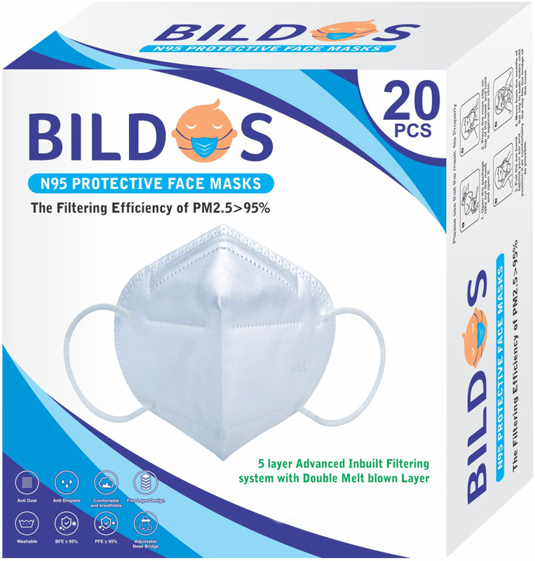 BILDOS N95 Mask with Melt blown Layer N95 Mask Respirator 5 Layer Breathable Mask(White, Free Size, Pack of 20)