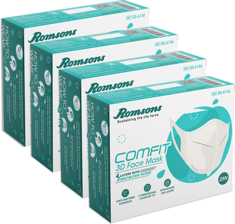 Romsons Comfit 3D Disposable Face Mask with 4 Layer Protection 50 Pcs Surgical Mask With Melt Blown Fabric Layer(White, Free Size, Pack of 2, 4 Ply)