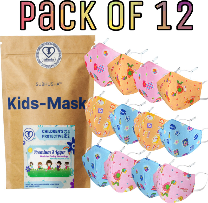 SUBHUSHA SUPER SAFETY 3 Layer Cotton Digital printed kids mask combo pack of 12 mask 3PLY-Kids-Printed-12pcs-Sky Blue Orange Pink Reusable, Washable Cloth Mask(Multicolor, Free Size, Pack of 12, 3 Ply)