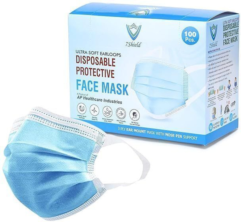 7SHIELD 7Shiled Surgical mask with Extra soft Fabric ear loop Extra Soft Fabric Ear Loop Mask Water Resistant Surgical Mask With Melt Blown Fabric Layer(Blue, Free Size, Pack of 100, 3 Ply)