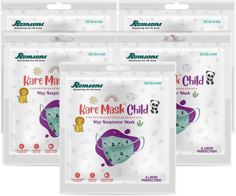 Romsons Kare Mask Child 6-layer protection reusable N95 Mask with Adjustable Head Loops, Pack of 1 Kare Mask Child, N95 Respirators, with 6 Layer Protection (5 Pieces) Water Resistant(Multicolor, S, Pack of 5)
