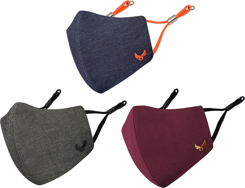MASQ Anti-Pollution Anti-Bacterial BFE>99% 4 Layer Protective Face Mask for man Wings_Maroon_Grey_Denim_XL_03 Reusable, Washable Cloth Mask(Multicolor, XL, Pack of 3, 4 Ply)