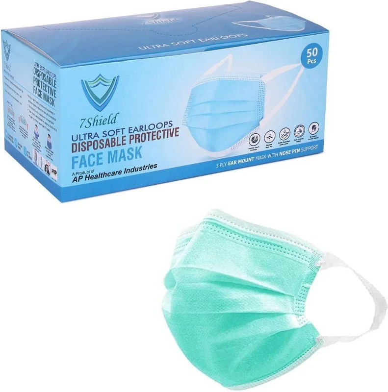 7SHIELD CE and ISO Certified with Extra soft Fabric ear loop and Inbuilt Plastic coated Nose pin disposable Blue unisex mask Green Soft Fabric ear loop Water Resistant Surgical Mask(Green, Free Size, Pack of 50, 3 Ply)