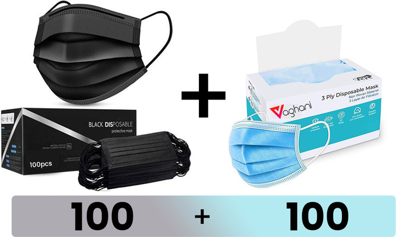 Vaghani 200Pcs With Pin Black and Blue 3 Ply Pharmaceutical Surgical Mask with 3 Layer 3 Ply Surgical Primium Quality Mask (200 Pcs ( Black +Blue)) Surgical Mask With Melt Blown Fabric Layer(Blue, Black, Free Size, Pack of 200, 3 Ply)