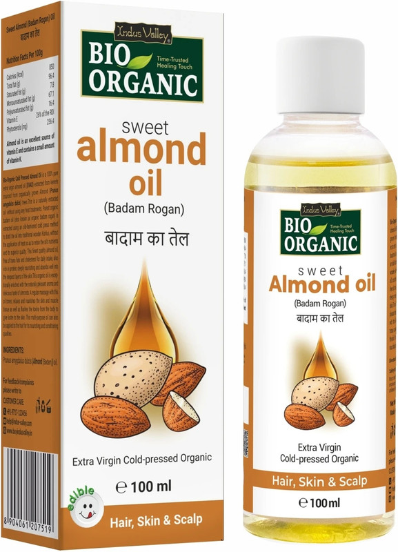 Indus Valley BioOrganic Cold Pressed Sweet Almond Oil For Body, Hair, Skin & Baby Massage Oil(100 ml)
