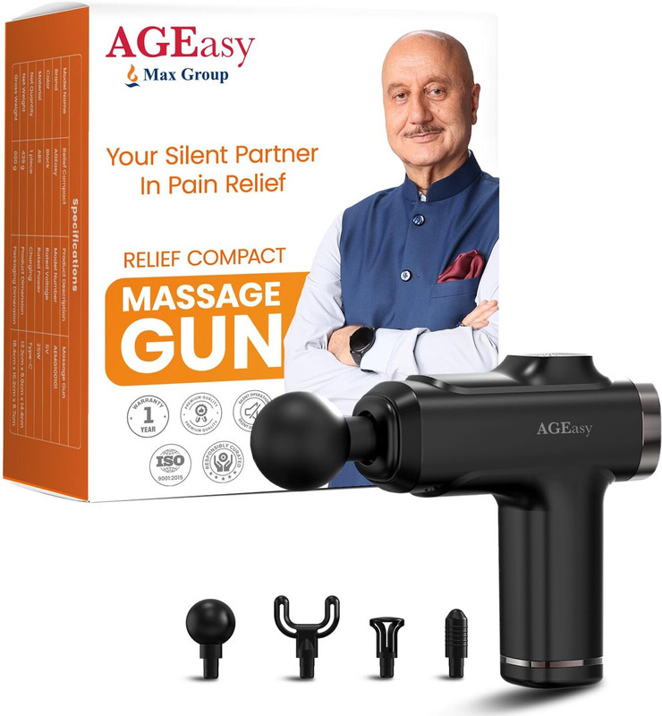 AGEasy (Max Group) Massage Gun, 8 Speed, 4 Massage Heads, Rechargable USB Type - C Massager(Black)