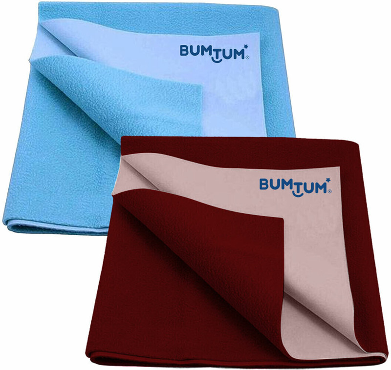 BUMTUM Cotton, Fleece Baby Bed Protecting Mat(Aqua Blue + Maroon, Pack of 2, Large)