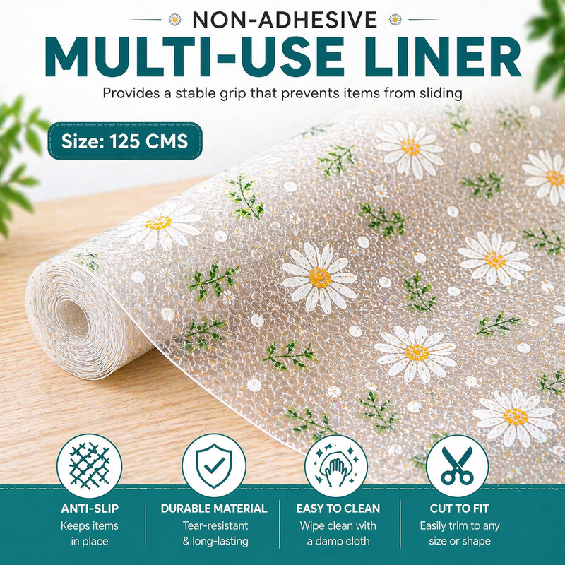 ambdded PVC (Polyvinyl Chloride) Drawer Mat(White Green Daisy, Large)