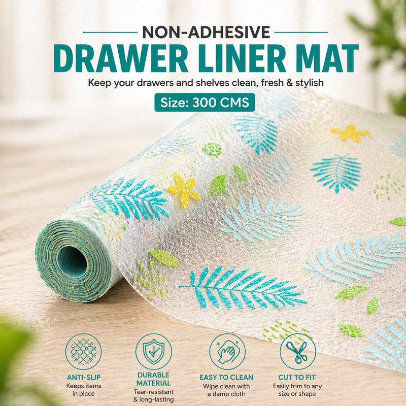 ambdded PVC (Polyvinyl Chloride) Drawer Mat(Transparent with Aqua Green Print, Small)