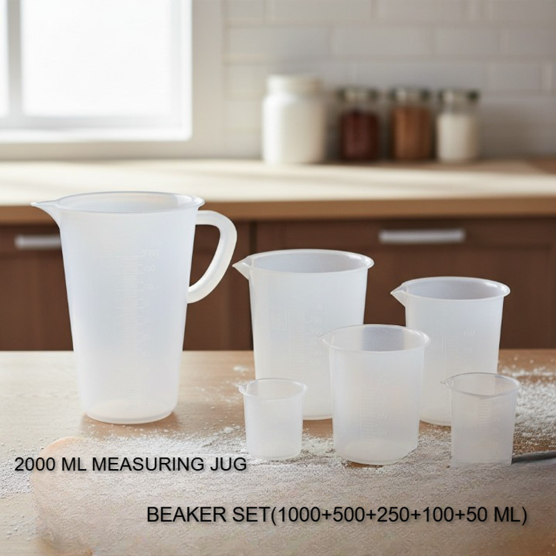 E&E Measuring Jug 2000ml with Beaker Set 1000ml+500ml+250ml+100ml+50ml(Combo Pack) Measuring Cup Set(2000 ml)