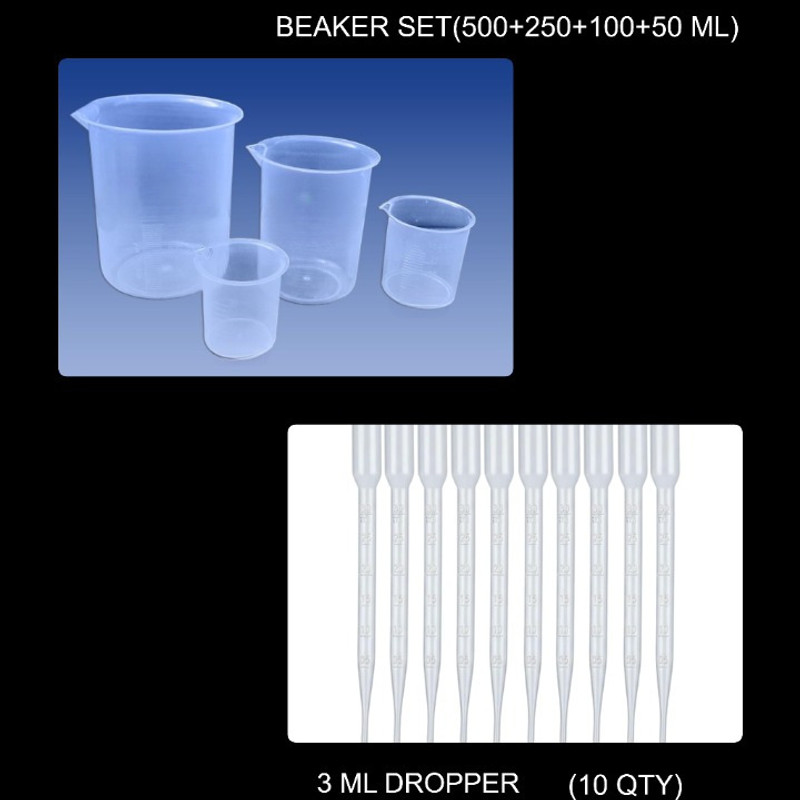 E&E Measuring Beaker Set Combo 500+250+100+50ml with Dropper Pipette 3ml(10pc) Measuring Cup Set(900 ml)