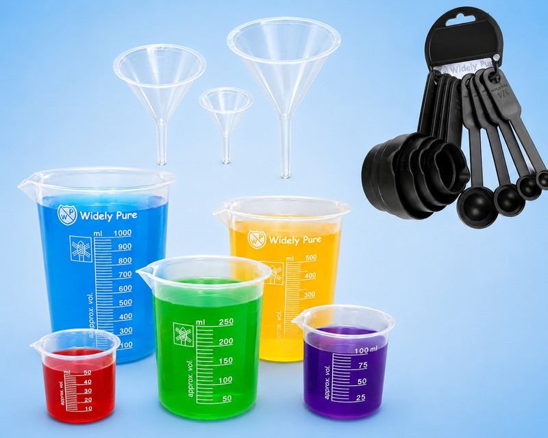 Widely Pure Measuring beakers Set Plastic with Spoon Set 8 pcs and Funnel 2,3,4 inches Measuring Cup Set(1000 ml, 500 ml, 250 ml, 100 ml, 50 ml)