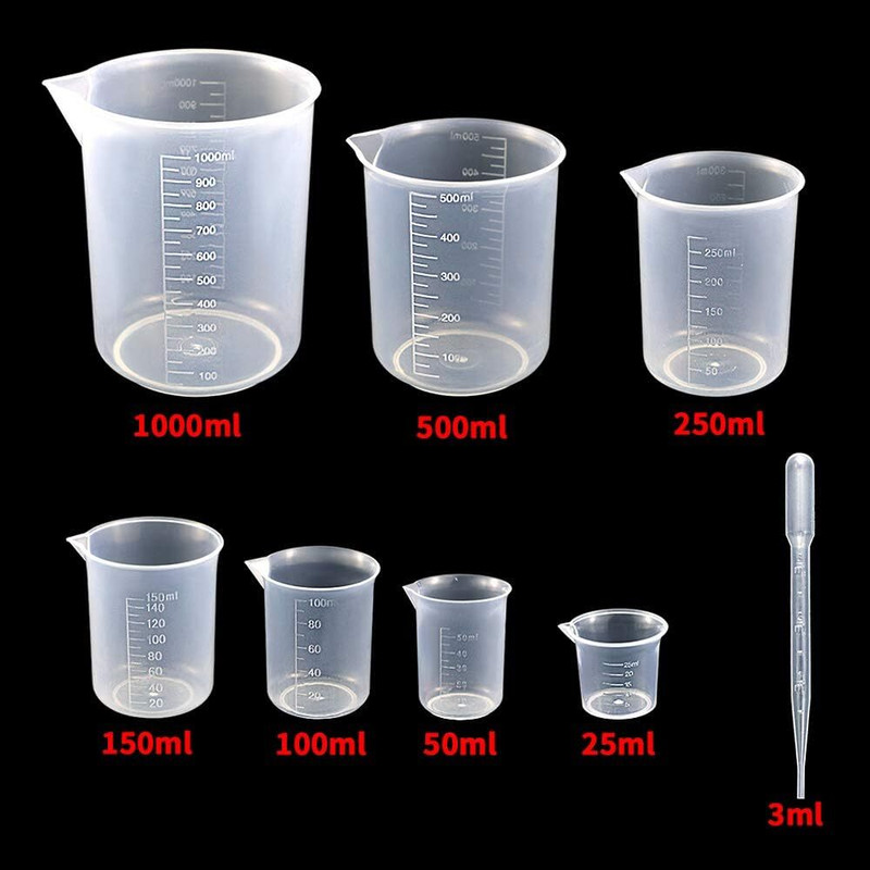 Greyart Plastic Beaker Set, Clear Measuring Graduated Liquid Container Beakers Measuring Cup Set(25 ml, 50 ml, 100 ml, 250 ml, 500 ml, 1000 ml)
