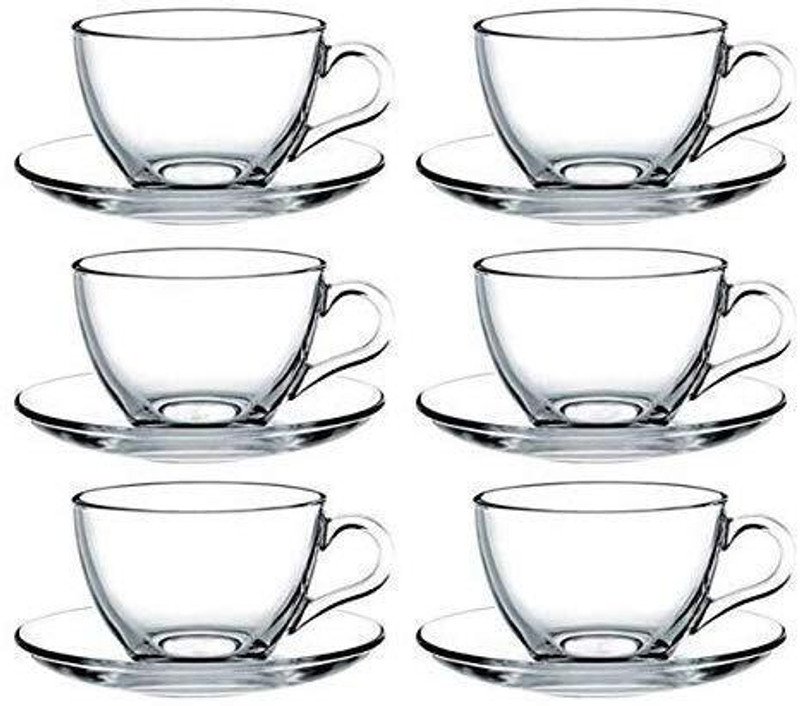 RD ENTERPRICE Glass Tea Cup & Saucer Set - 6 Pcs | Transparent, Heat Resistant, Elegant Design Measuring Cup Set(150 ml)