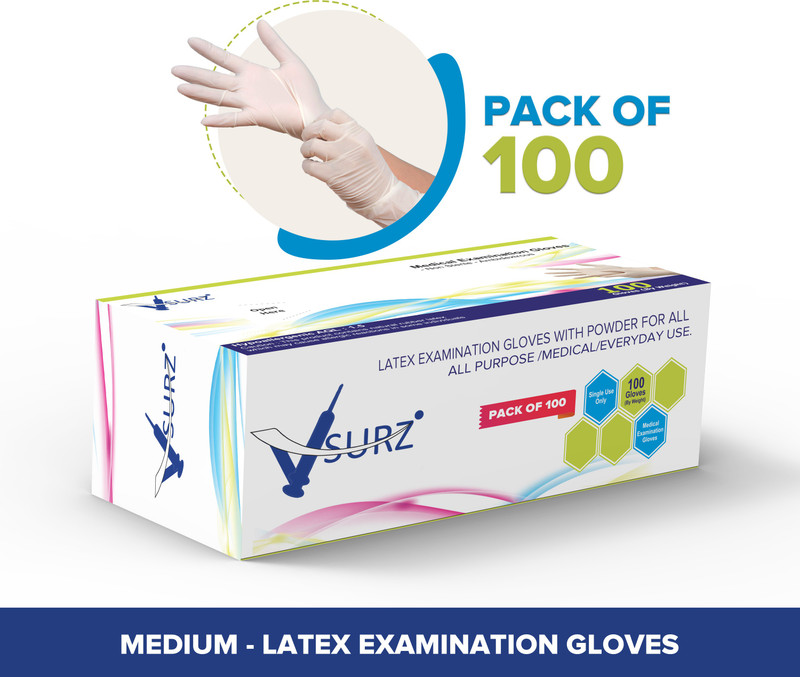 V SURZ MEDIUM POWDERED ALL PURPOSE | MEDICAL | EVERYDAY USES PACK OF 100 WITH BOX Latex Examination Gloves(Pack of 100)