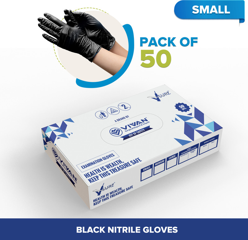 V SURZ SMALL Black Nitrile Gloves | Powder Free | Multipurpose Disposable Gloves | Nitrile Examination Gloves(Pack of 50)