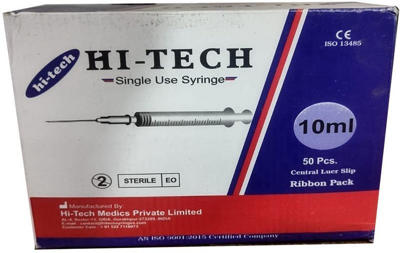 HI-TECH DISPOSABLE SINGLE SUE ONLY SYRINGE IN ( 10ML X 50PICS. ) Medical Needle(Black)