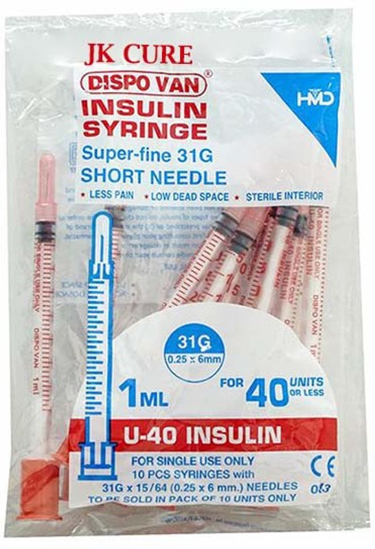 JK CURE BD Glide 6mm Needle Insulin Syringes For Diabetics. (10 Units) Medical Needle(Orange)