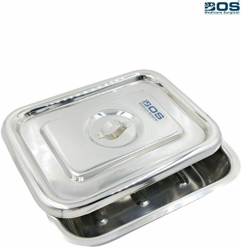 Bos Medicare Surgical Stainless Steel Surgical Dressing Tray with Flat Cover and Lid Handle, (8X6) Reusable Medical Tray