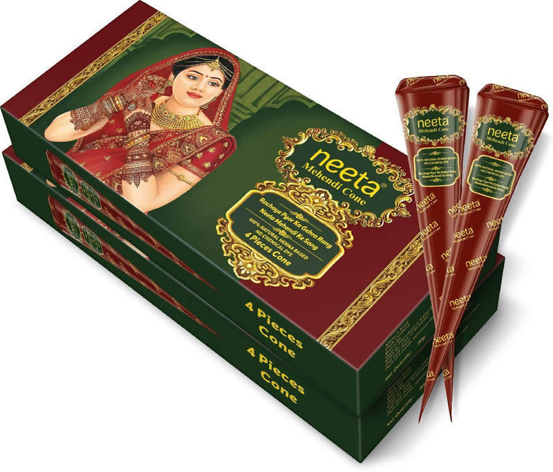Neeta Mehendi Cone 100% Natural Henna Based No Chemical Dye 4 Pc in Each (2 Box) Natural Mehendi(Pack of 8)