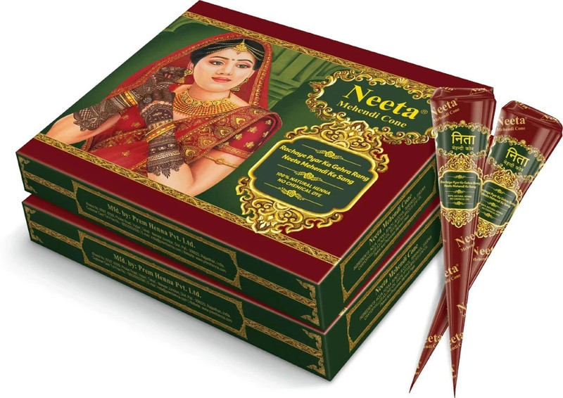 Neeta Mehendi Cone 100% Natural Henna Based No Chemical Dye 12 Pc in Each (2 Box) Natural Mehendi(Pack of 24)