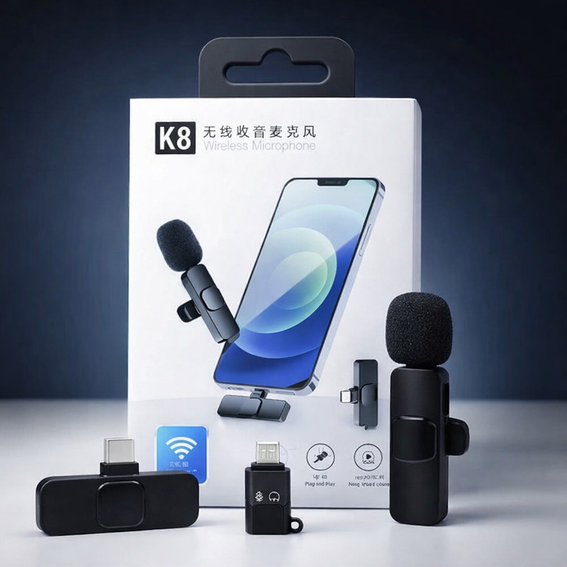 TQP Store K8 Wireless Clip-On Lavalier Microphone for mobile phone Vlogging & Recording Wireless Lavalier Microphone(Black)